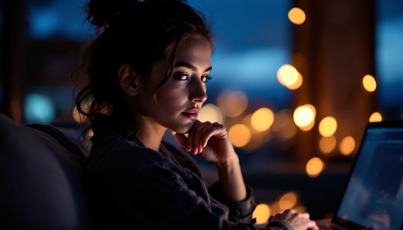 A person sitting at dusk lit by the glow of a laptop screen, warm out-of-focus lights behind them