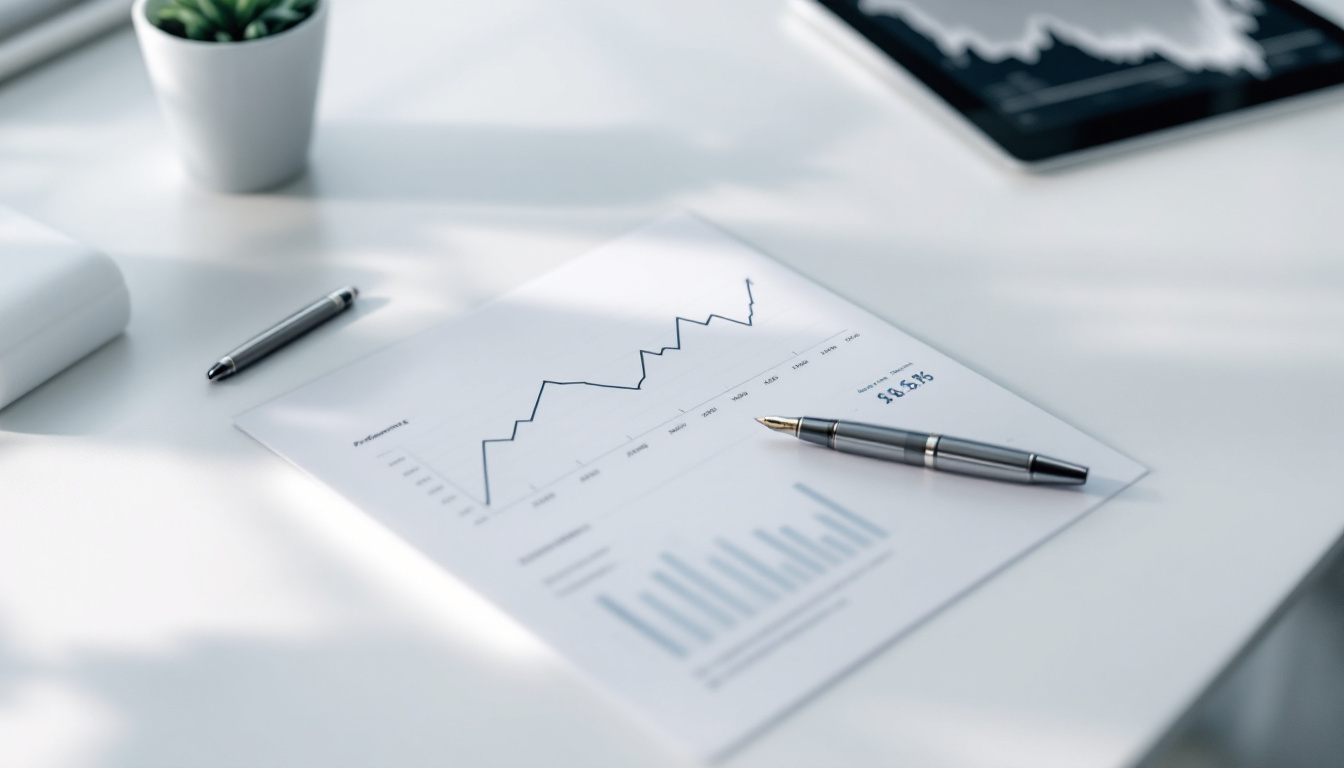 A printed performance report on a desk beside a tablet showing a simple line chart and a pen