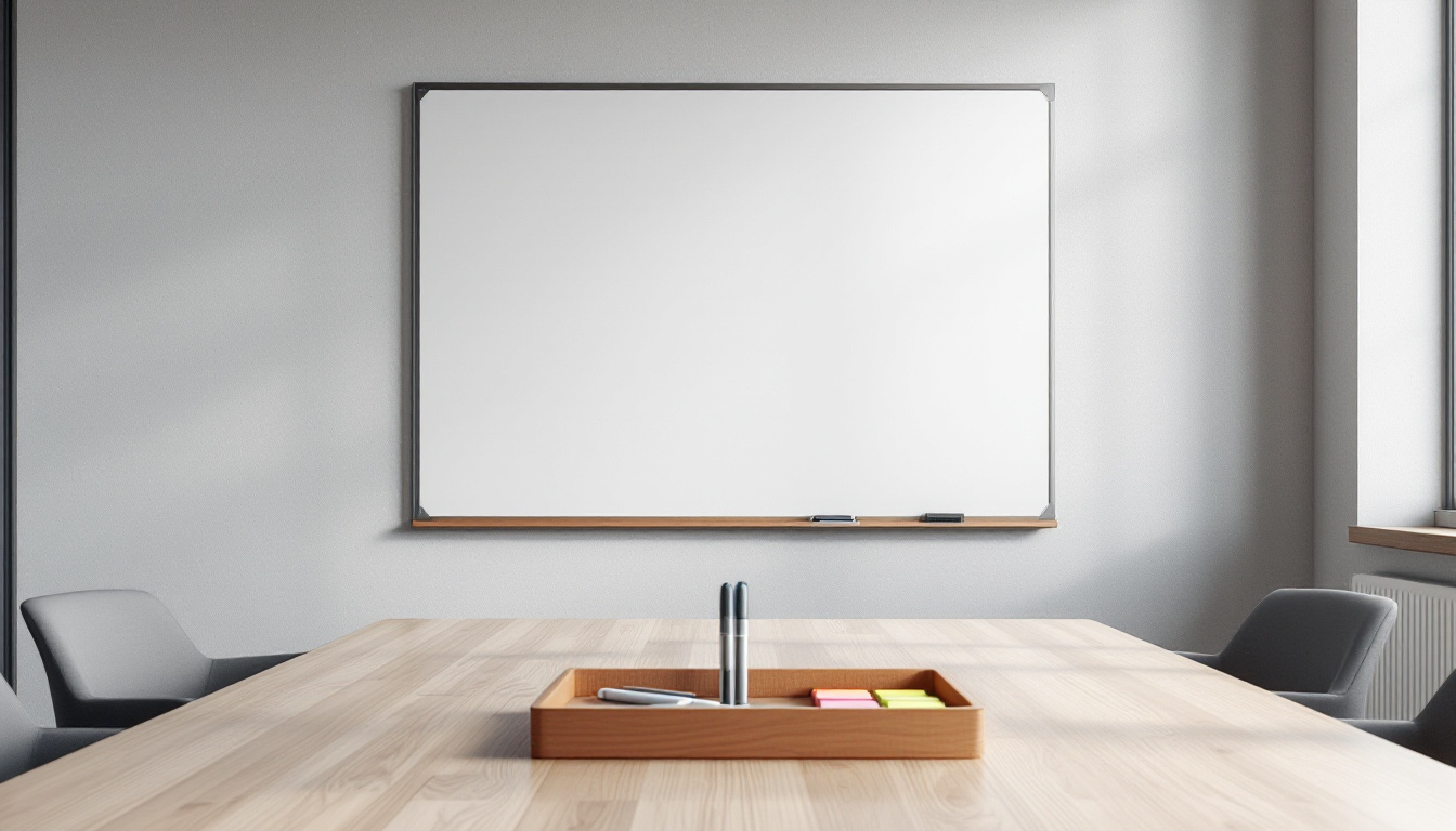 An empty meeting room with a large blank whiteboard and a tray of markers and sticky notes on the table