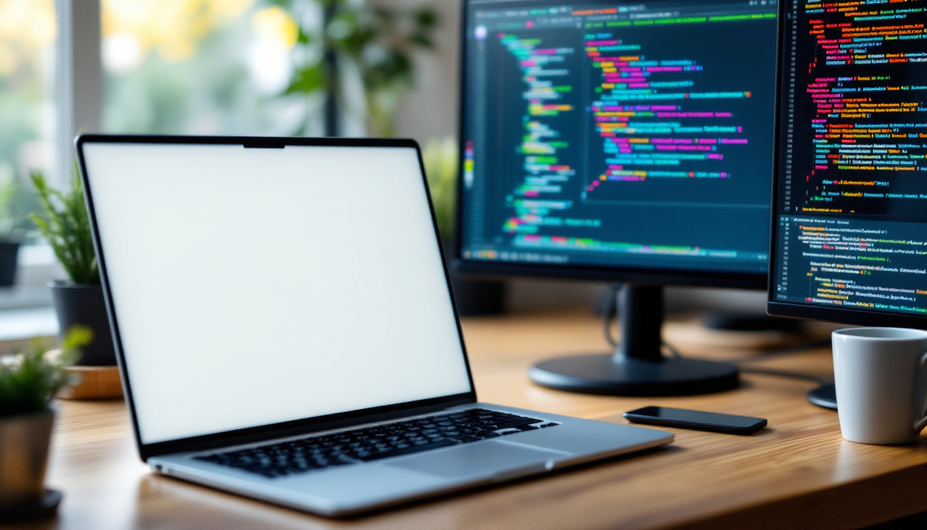 A laptop with a blank document open beside a second monitor showing colourful code, on a wooden desk in daylight